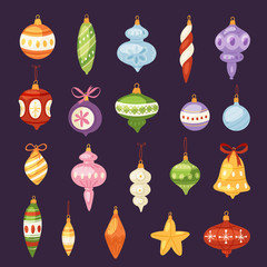 Christmas tree toys vector decorations balls, circle, stars, bells for decorate New Year Xmas tree brances illustration