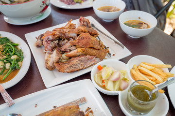 German Pork Hocks, Deep fried with French Fries and Appetizer by Thai Style