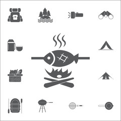 Fresh fish above camp fire icon. Set of camping icons