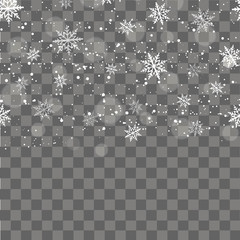 Christmas and New Year transparent background with falling gold snowflakes. Vector 