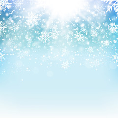 Christmas and New Year blue background with falling gold snowflakes. Vector 