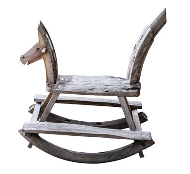 Old wood toys rocking horse chair children isolated on white background with clipping path