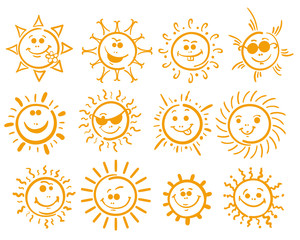 Doodle sun. Yellow cute scribble happy suns, vector smile funny spring sun icons on white