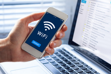 WiFi symbol, smartphone screen, button to connect to wireless internet