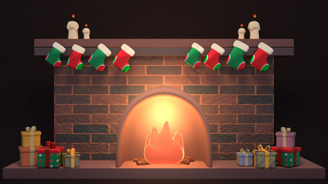 Cartoon Christmas fireplace decorated with stockings, candles and gift  boxes. 3d rendering picture. Stock Illustration | Adobe Stock
