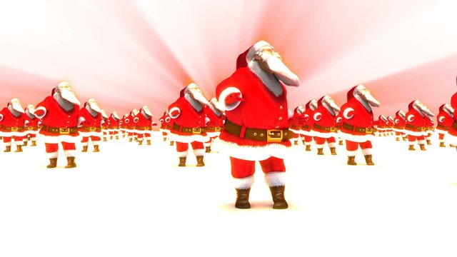 Dozens of Santa Claus characters dancing in unison on a white ground surface with a warm, red and orange glow. The clip is a seamless loop.