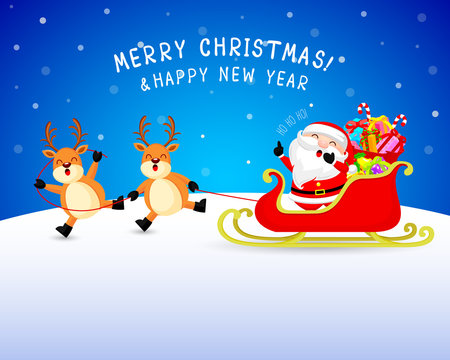Cute cartoon Santa Claus with reindeer and sleigh. Merry Christmas and happy new year. Illustration on blue background.