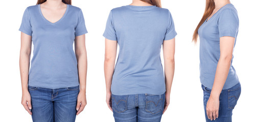 woman in blue t-shirt isolated on white background