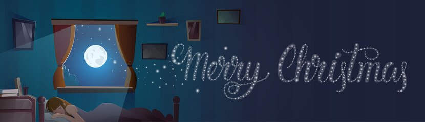 Merry Christmas Text In Window From Bedroom With Sleeping Girl Winter Holidays Banner Flat Vector Illustration