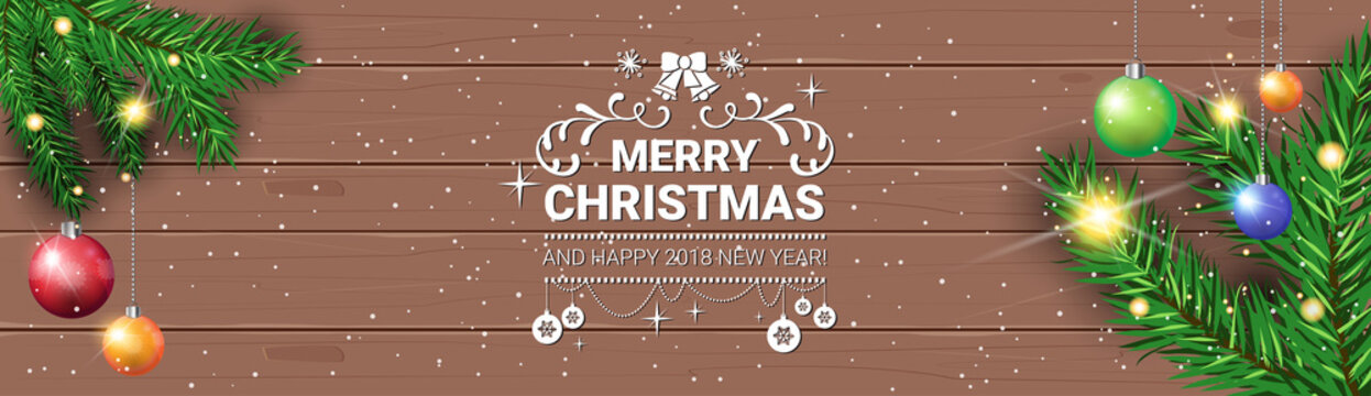 Merry Christmas Message On Horizontal Wooden Textured Banner Decorated With Pine Tree Branches Holiday Poster Design Vector Illustration