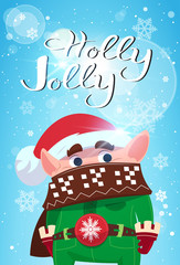 Holly Jolly Merry Christmas Banner Green Elf Cute Character On Winter Holiday Poster Flat Vector Illustration