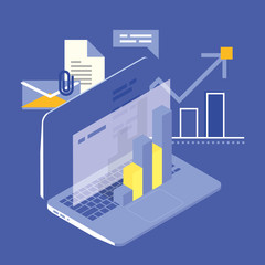 Isometric illustration, computer, work with data, documents, infographic, 3d