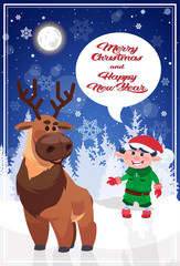 Merry Christmas Elf And Reindeer On Holiday Greeting Card Flat Vector Illustration