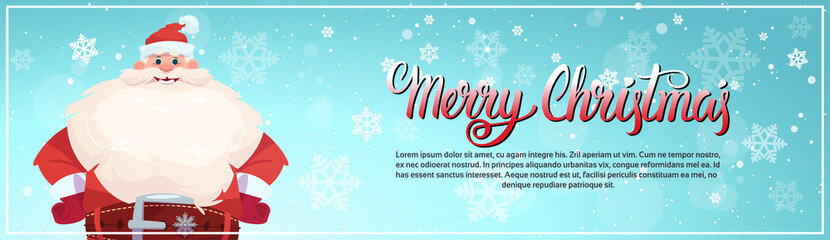 Santa Claus On Merry Christmas Greeting Card Holiday Horizontal Banner With Copy Space Flat Vector Illustration