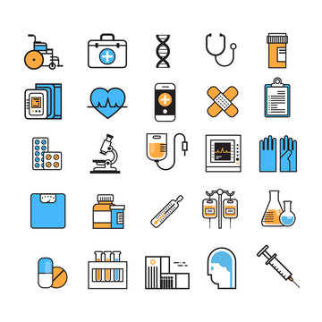 Medical Icon Set Thin Line Medicine Equipment Sign On White Background Hospital Treatment Concept Vector Illustration