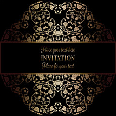 Floral background with antique, luxury black and gold vintage frame, victorian banner, damask floral wallpaper ornaments, invitation card, baroque style booklet, fashion pattern, template for design