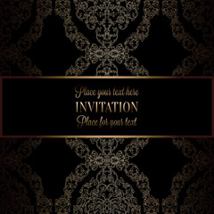 Floral background with antique, luxury black and gold vintage frame, victorian banner, damask floral wallpaper ornaments, invitation card, baroque style booklet, fashion pattern, template for design