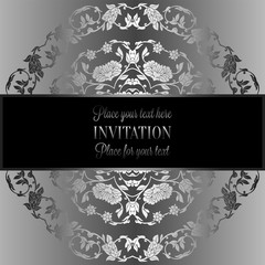 Floral background with antique, luxury black, metal silver and gray vintage frame, victorian banner,damask floral wallpaper ornaments, invitation card, baroque style booklet, fashion pattern, template