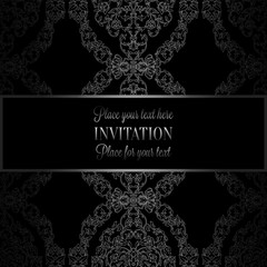 Floral background with antique, luxury black, metal silver and gray vintage frame, victorian banner,damask floral wallpaper ornaments, invitation card, baroque style booklet, fashion pattern, template