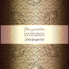 Vector abstract wavy invitation card with geometrical fish scale layout. Rich gold and beige tracery background. Fan shaped stylized ocean waves. Fish scales with decorative flowers
