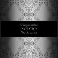 Floral background with antique, luxury black, metal silver and gray vintage frame, victorian banner,damask floral wallpaper ornaments, invitation card, baroque style booklet, fashion pattern, template