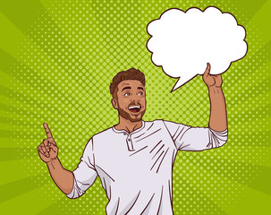Mix Race Man Point Finger Up To Empty Chat Cloud Over Dot Pin Up Style Background Vector Illustration