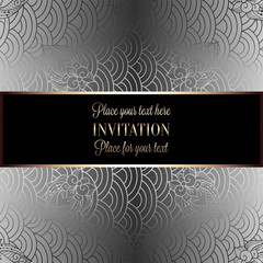 Fototapeta na wymiar Vector abstract wavy invitation card with geometrical fish scale layout. Silver grey tracery on a gray background. Fan shaped stylized ocean waves. Fish scales with decorative flowers