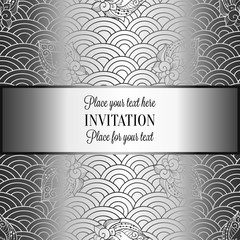 Vector abstract wavy invitation card with geometrical fish scale layout. Silver grey tracery on a gray background. Fan shaped stylized ocean waves. Fish scales with decorative flowers