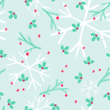 Christmas seamless pattern with holly and decorated conifer branches