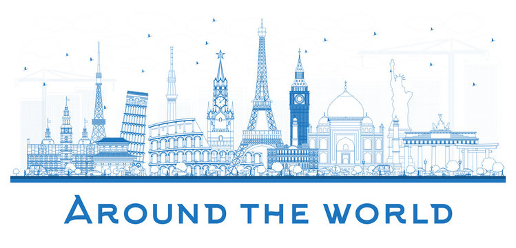 Around the World OutlineTravel Concept with Famous International Landmarks.
