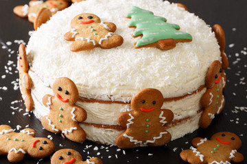 Christmas naked cake is decorated with gingerbread and coconut close-up. Horizontal