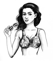 Ink drawing of a girl in swimming suit holding a sunglasses