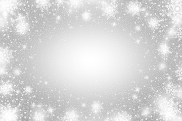 Snow frost Effect . Abstract bright white shimmer lights and snowflakes. Glowing blizzard. Scatter falling round particles.