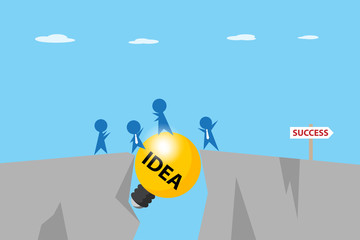businessmen pass a gap between cliffs with light bulb, idea and business concept