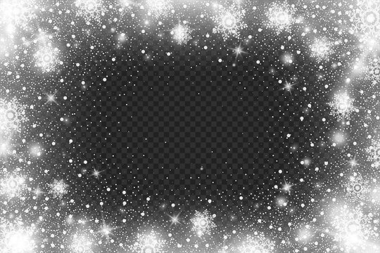 Snow frost Effect on Transparent Background . Abstract bright white shimmer lights and snowflakes. Glowing blizzard. Scatter falling round particles.