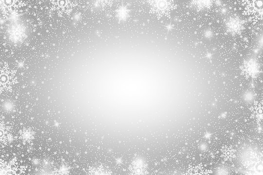 Snow frost Effect . Abstract bright white shimmer lights and snowflakes. Glowing blizzard. Scatter falling round particles.