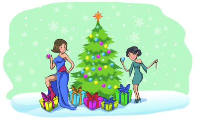 Obraz na płótnie Canvas beautiful pin-up girls in Christmas inspired costume. girls dress up a Christmas tree. New Year and gifts. preparation for the holiday. two girls decorate a Christmas tree for Christmas