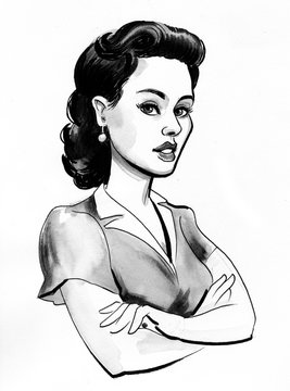 Pretty pin up girl with a black hair. Ink retro styled illustration.