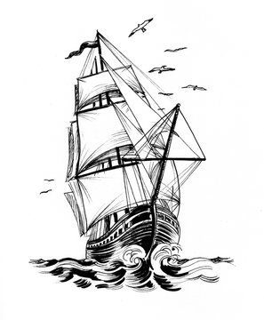 Tall sailing ship in the sea. Ink black and white drawing