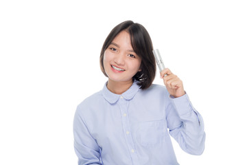portrait of a beautiful asian businesswoman with perfume. Isolated on white background with copy space