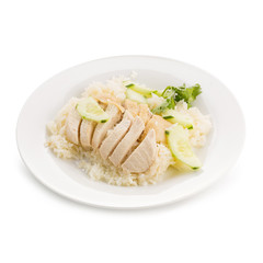Hainanese chicken rice,  Thai gourmet steamed chicken with rice isolated on white background © kaiskynet