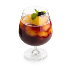 Fruit juice and berries on wooden background