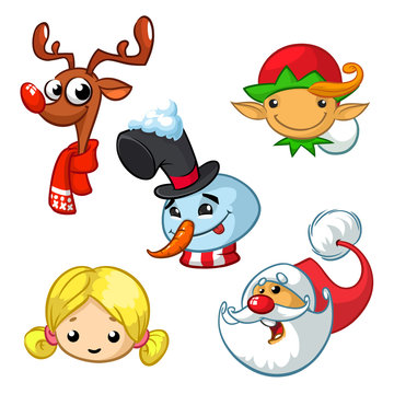 Set of cartoon Christmas characters. Vector cartoon head icons of Santa Claus, reindeer, elf, snowman and angel