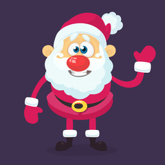 Funny cartoon Santa claus character pointing hand isolated white background. Vector Christmas illustration
