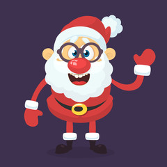 Funny cartoon Santa claus character pointing hand isolated white background. Vector Christmas illustration