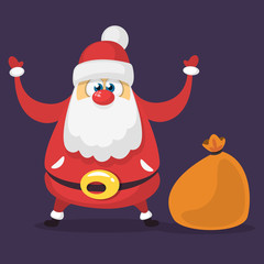 Funny cartoon Santa claus character with a brown bag with gifts. Vector Christmas illustration