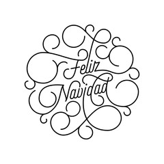 Merry Christmas Feliz Navidad flourish calligraphy lettering of swash line typography for Spanish greeting card design. Vector festive ornamental quote Christmas holiday text of swirl pattern outline