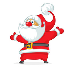 Funny cartoon Santa claus character pointing hand isolated white background. Vector Christmas illustration