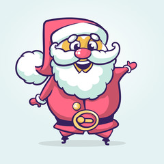 Funny cartoon Santa claus character pointing hand isolated white background. Vector Christmas illustration outlined
