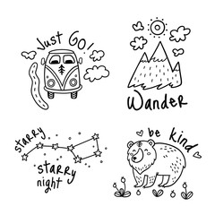 Vector set of cartoon sticker for camping in outline